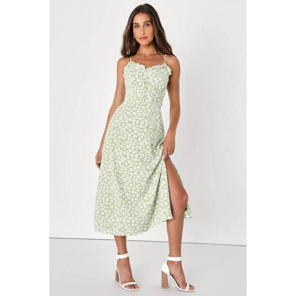Lulus Timeless Touch Green Floral Print A-line Midi Dress - Size S